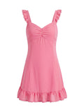 Ruffle Strap A-Line Mini Dress with Ruched Bodice and Flowy Hem