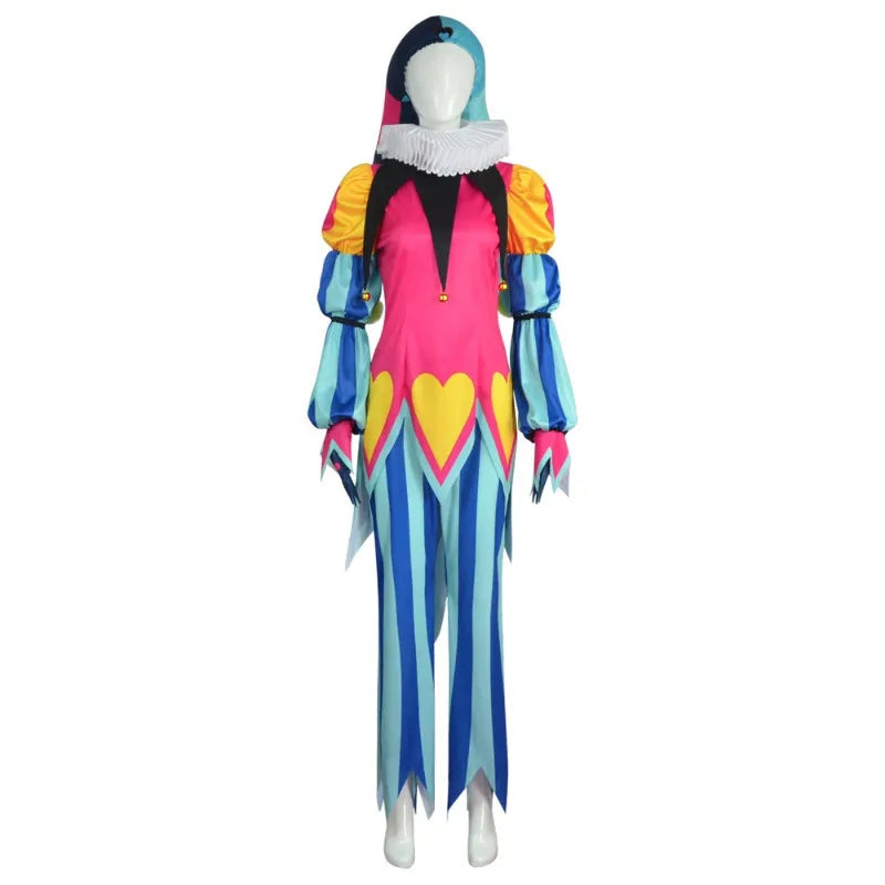 Vibrant Color-Blocked Jester Ensemble with Ruffled Collar and Patterned Trousers