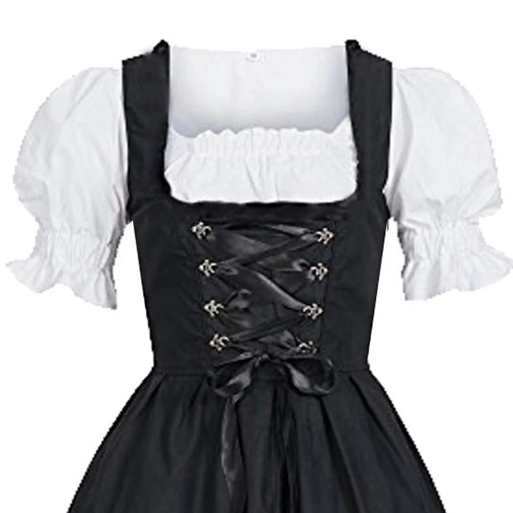 Traditional Bavarian-Inspired Dirndl Dress with Lace-Up Corset Bodice and Puff Sleeves