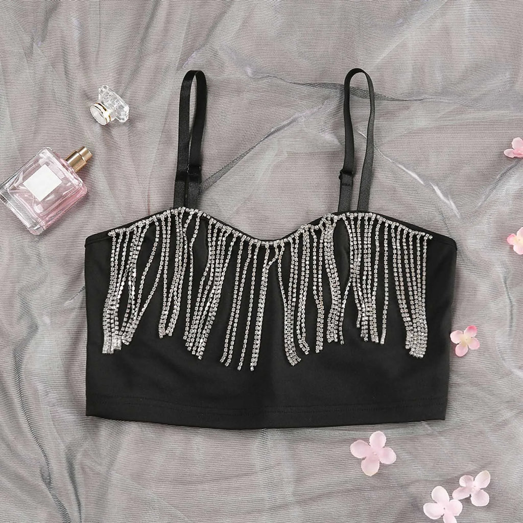 Rhinestone Fringe Bustier Crop Top with Spaghetti Straps and Glam Party Styling
