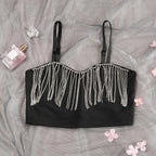 Rhinestone Fringe Bustier Crop Top with Spaghetti Straps and Glam Party Styling