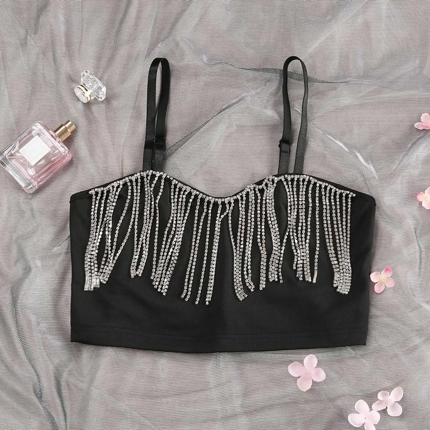 Rhinestone Fringe Bustier Crop Top with Spaghetti Straps and Glam Party Styling