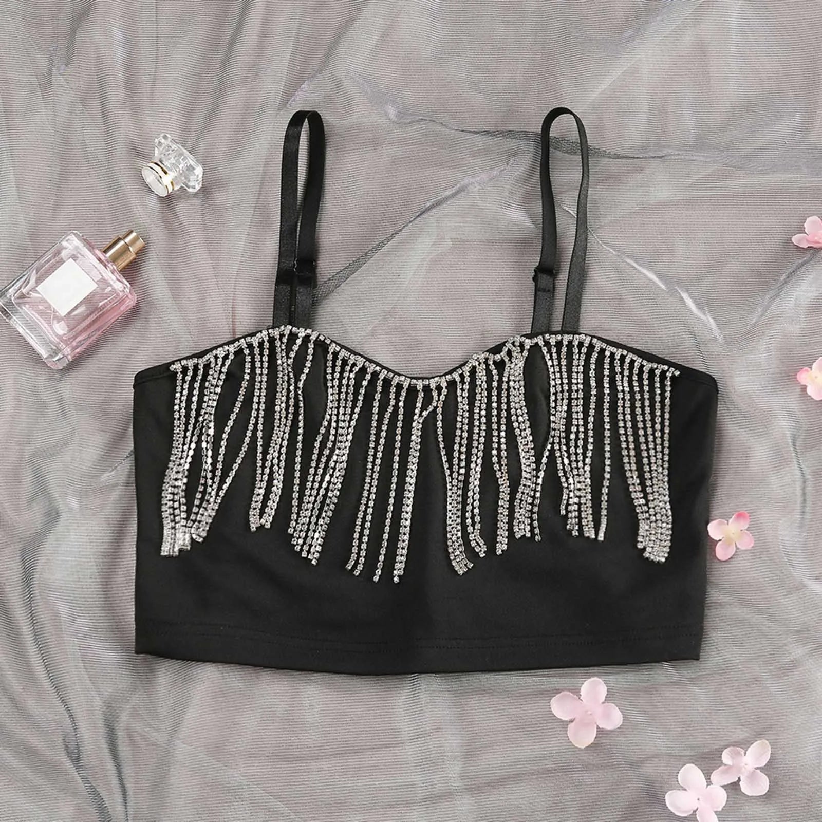 Rhinestone Fringe Bustier Crop Top with Spaghetti Straps and Glam Party Styling