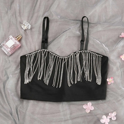 Rhinestone Fringe Bustier Crop Top with Spaghetti Straps and Glam Party Styling