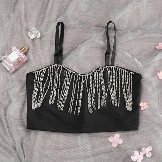 Rhinestone Fringe Bustier Crop Top with Spaghetti Straps and Glam Party Styling