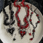 Neo Gothic Heart Cross Choker Necklace With Layered Beaded Alternative Fashion Detailing