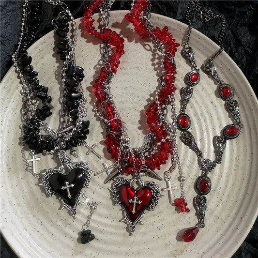 Neo Gothic Heart Cross Choker Necklace With Layered Beaded Alternative Fashion Detailing