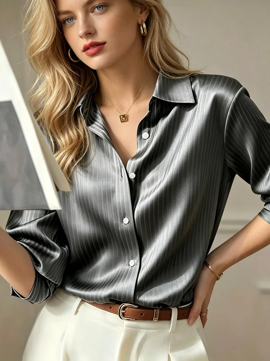 Radiant Golden Yellow Satin-Finish Blouse with Subtle Vertical Stripes