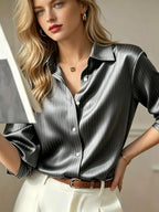 Radiant Golden Yellow Satin-Finish Blouse with Subtle Vertical Stripes