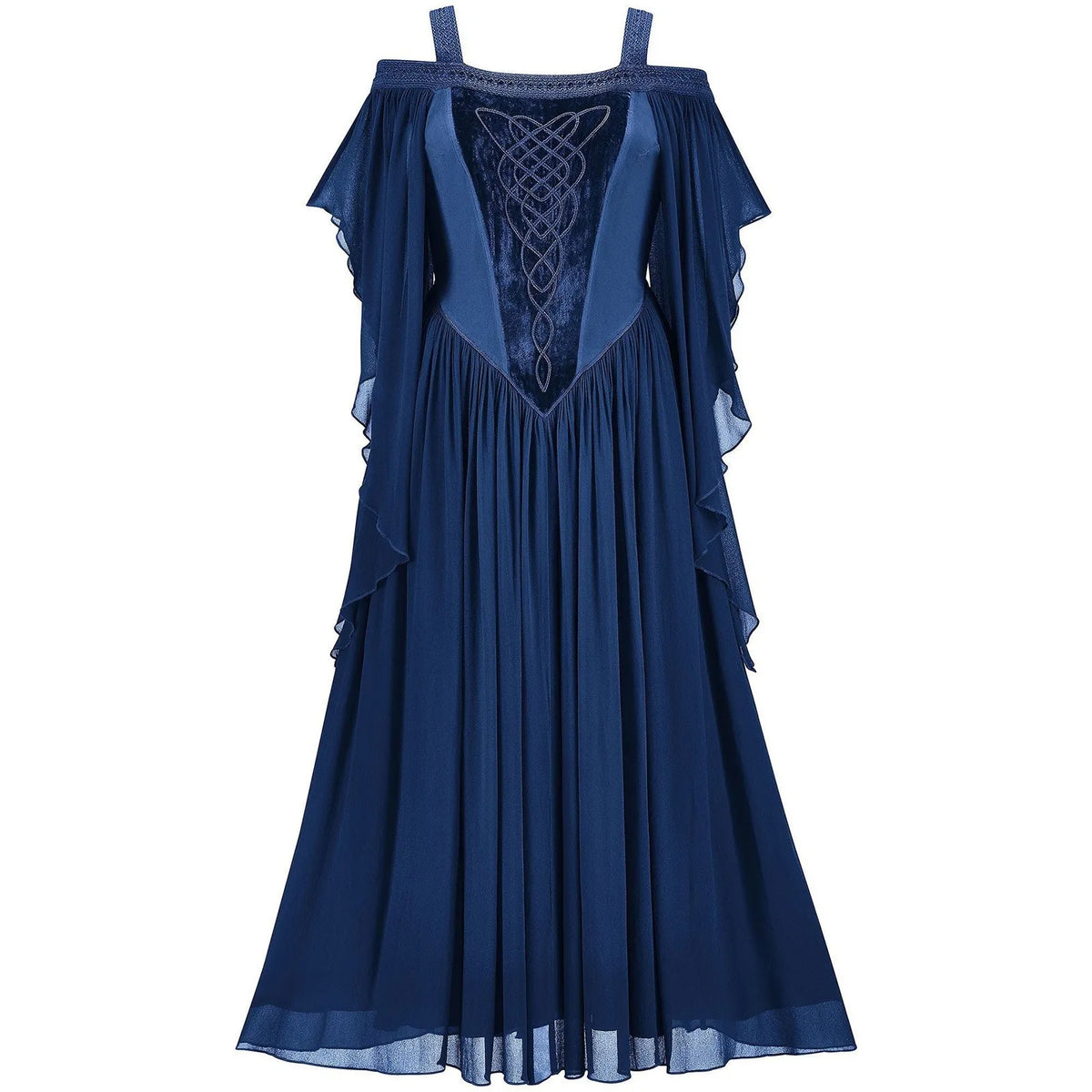 Ethereal Cold-Shoulder Fantasy Dress with Draped Sleeves and Corset Detailing