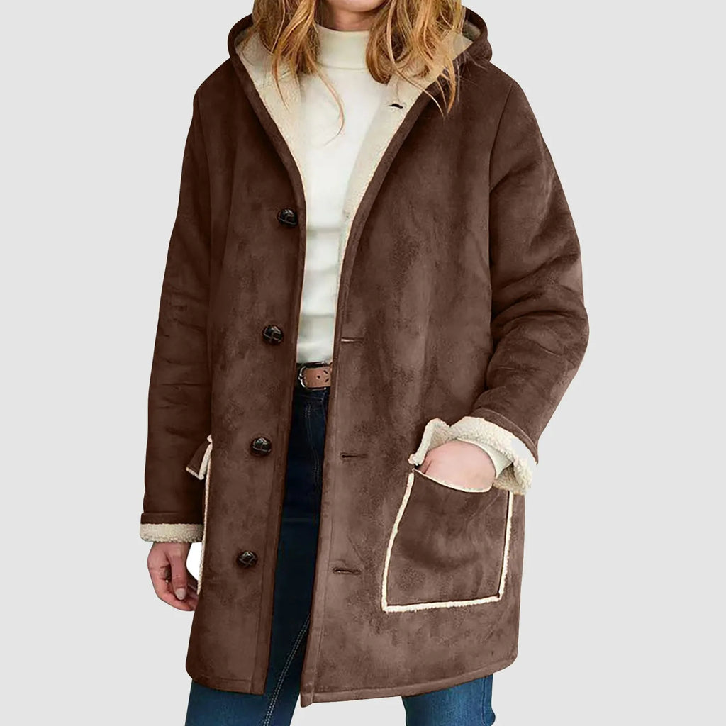 Women's Faux Suede Sherpa Lined Hooded Jacket Casual Winter Button Front Outerwear
