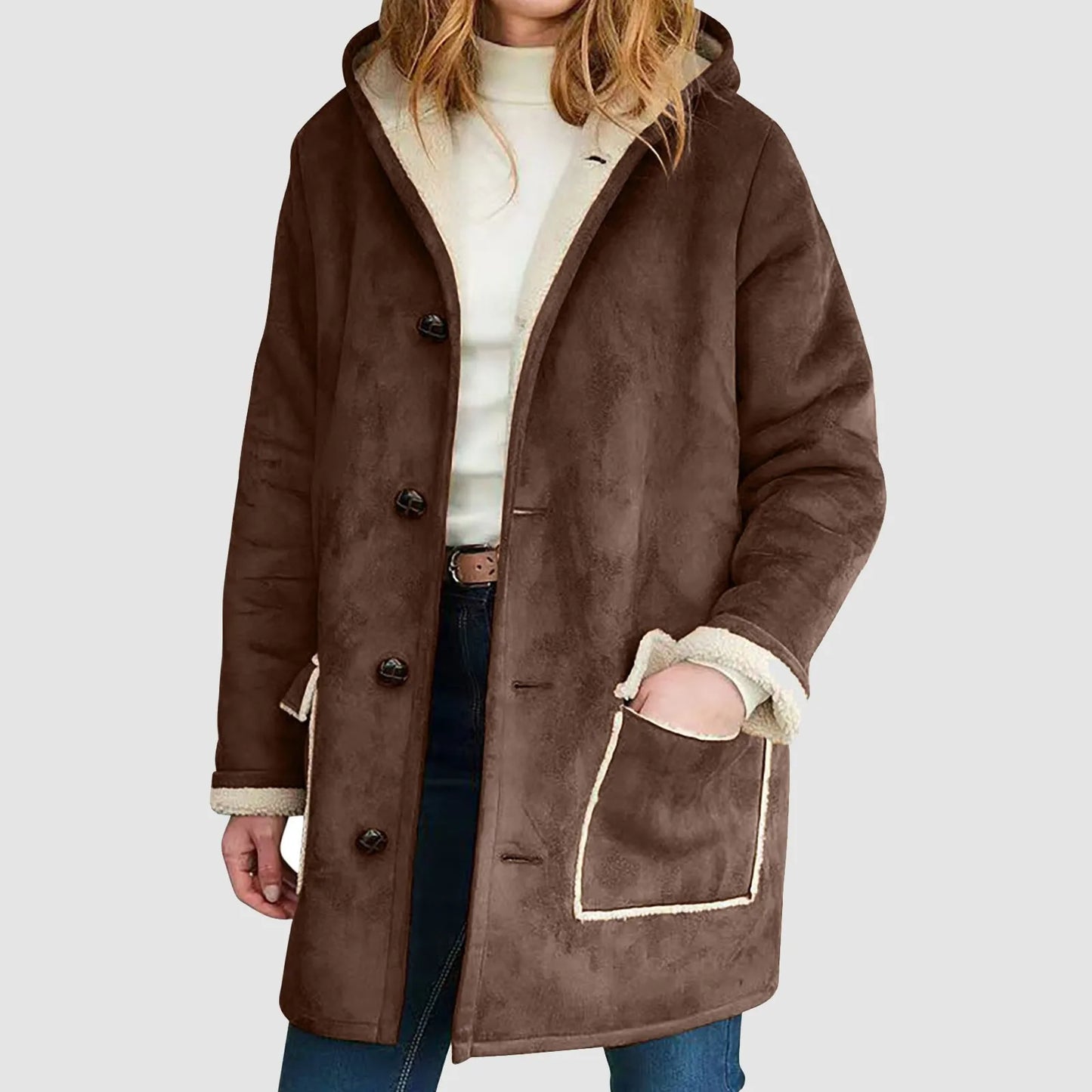 Women's Faux Suede Sherpa Lined Hooded Jacket Casual Winter Button Front Outerwear