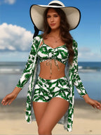 Green Tropical Leaf Print Long-Sleeve Beach Cover-Up Shirt with V-Neck, Button-Down Front and Lightweight Resort Styling