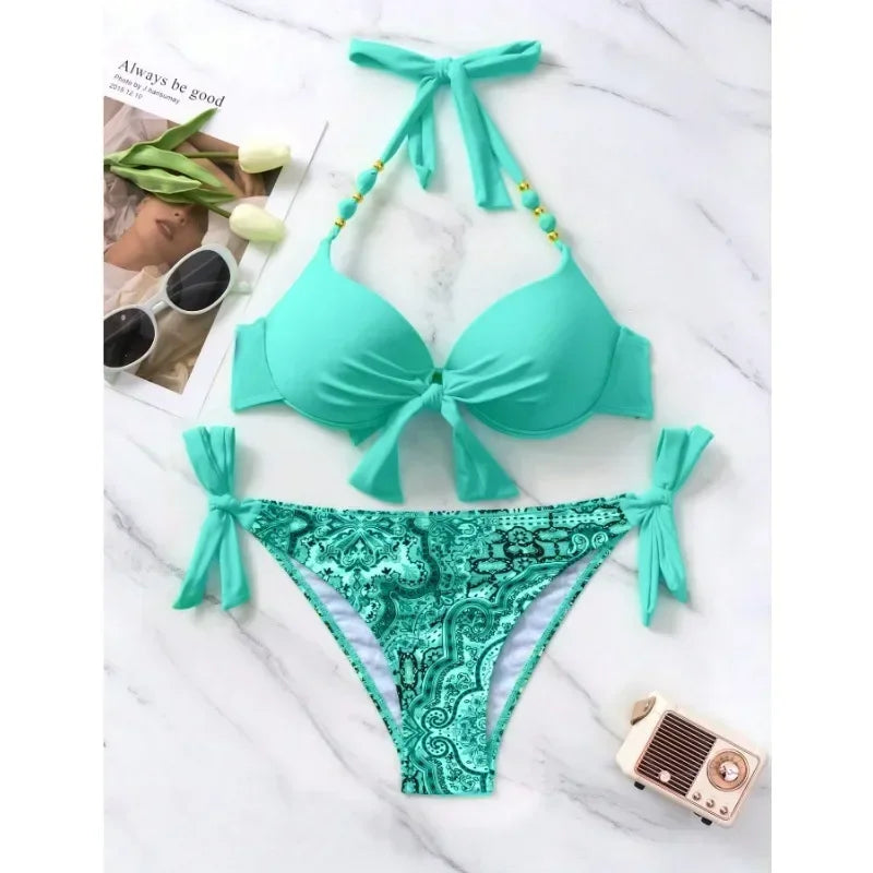 Vibrant Turquoise Underwire Bikini with Mixed Animal Print Bottoms