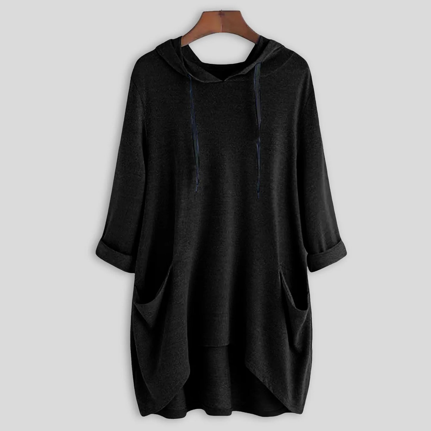 Relaxed Asymmetrical Hem Hooded Pullover for Casual Everyday Streetwear
