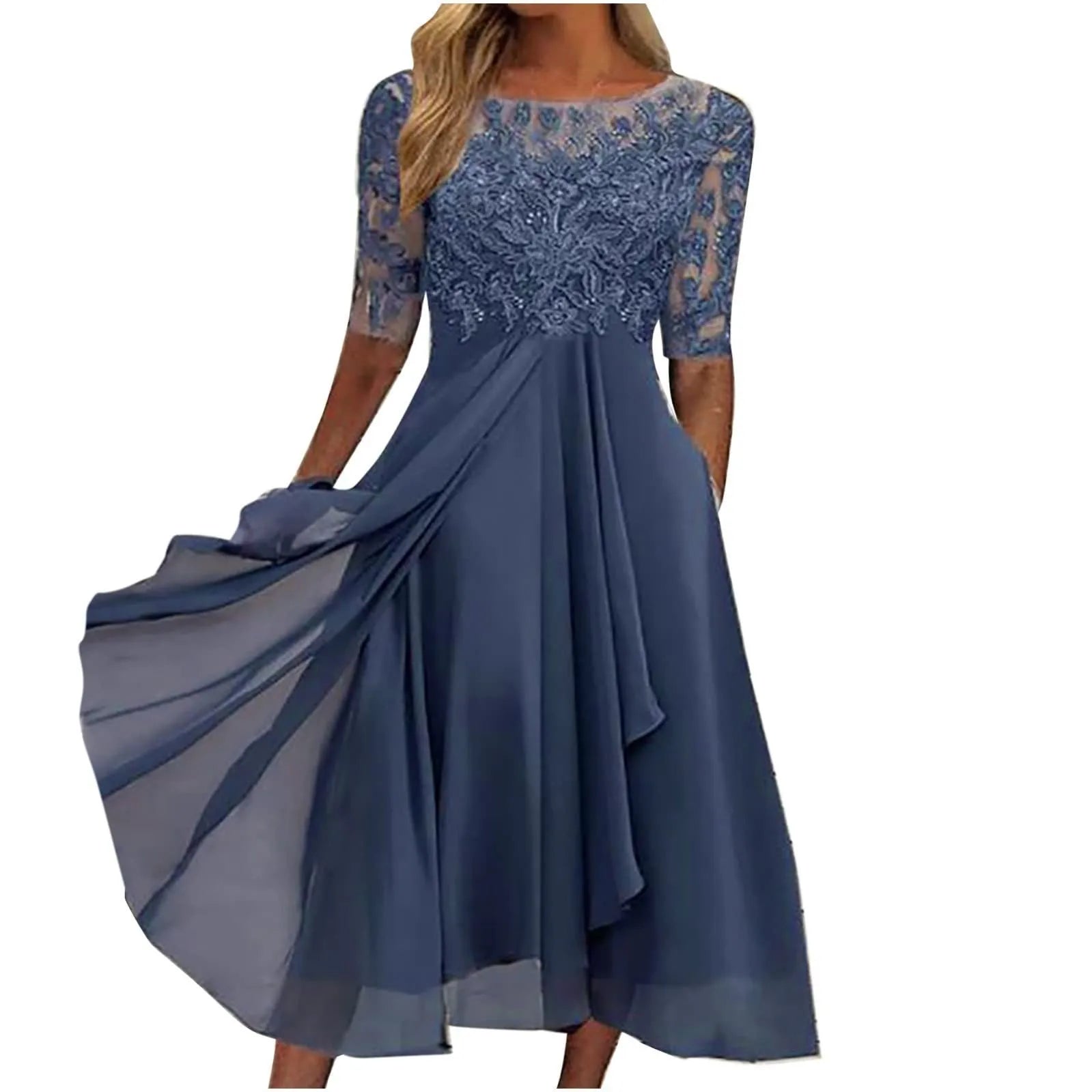 Flowing Embellished Midi Dress With Layered Chiffon Movement