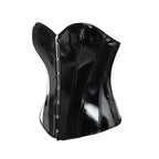 High-Shine Black Faux Leather Overbust Corset with Sweetheart Neckline and Front Busk