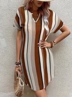 Striped Notched Neck Relaxed Short Sleeve Mini Dress for Everyday Style