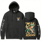 Swordsman Streetwear Zip Hoodie with Manga Graphic Back Design