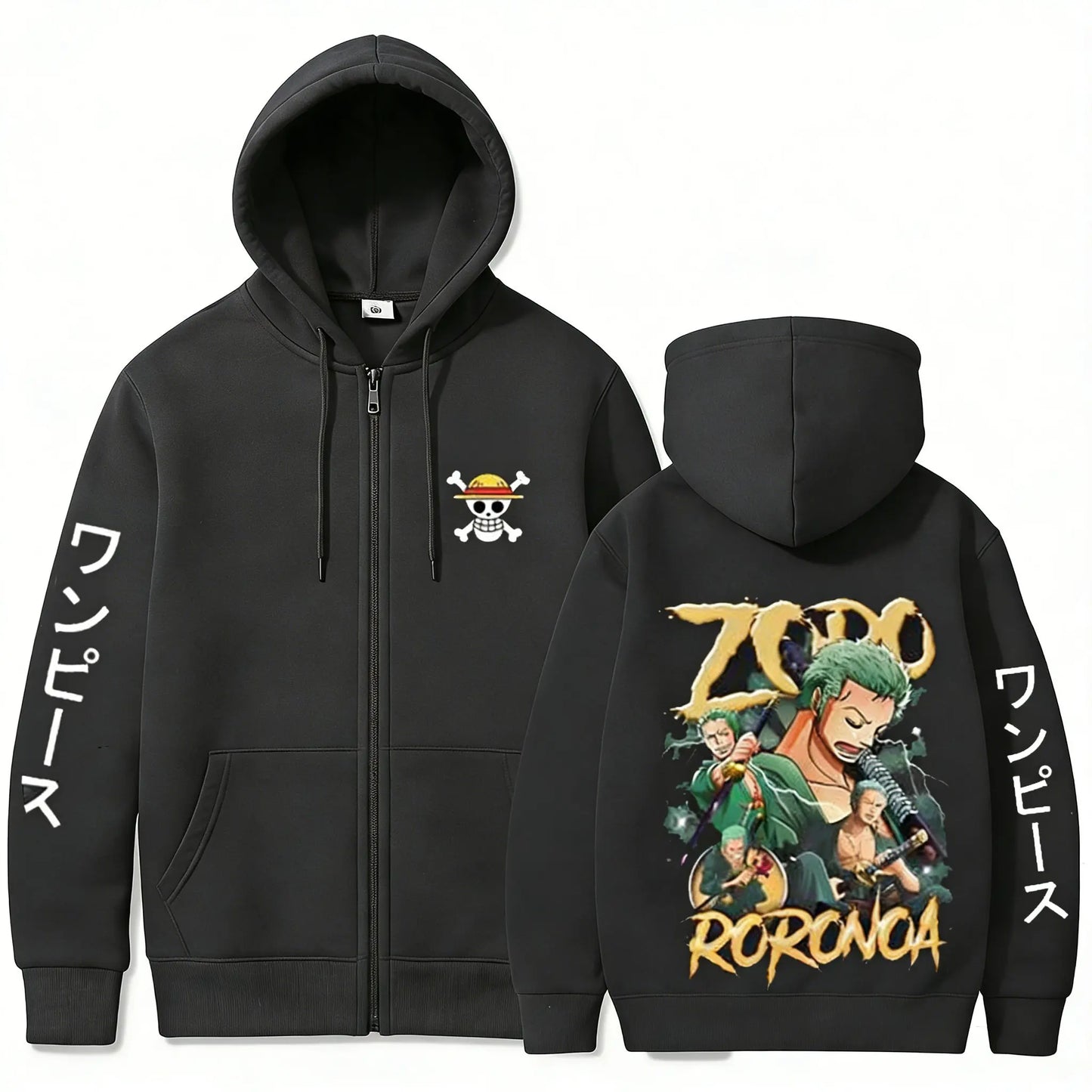 Swordsman Streetwear Zip Hoodie with Manga Graphic Back Design