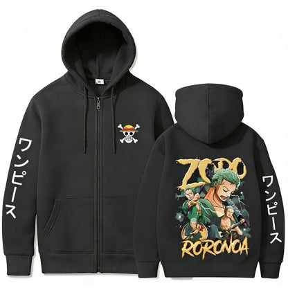 Swordsman Streetwear Zip Hoodie with Manga Graphic Back Design