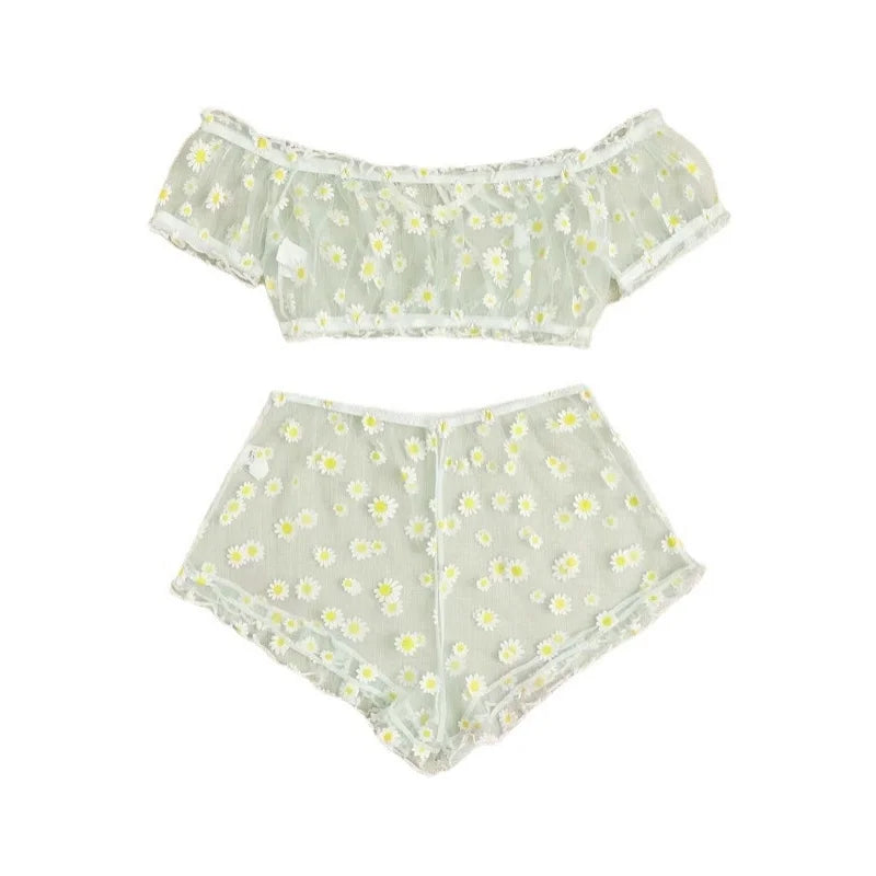 Sheer Black Mesh Daisy Print Two-Piece Loungewear Set with Ruffled Crop Top and Shorts