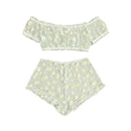 Sheer Black Mesh Daisy Print Two-Piece Loungewear Set with Ruffled Crop Top and Shorts