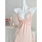Elegant White Halter-Neck Slip Dress with Sheer Lace Bodice