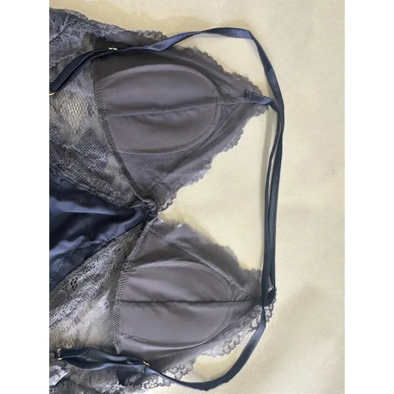 Slate Blue Satin-Finish Chemise with Strappy Back and Sheer Lace Bodice