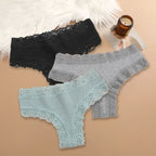 Three-Piece Ribbed Cotton-Blend Bikini Panty Set with Scalloped Lace Trim