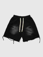 Men's Loose Graphic Print Drawstring Sports Shorts with Distressed Streetwear Inspired Design