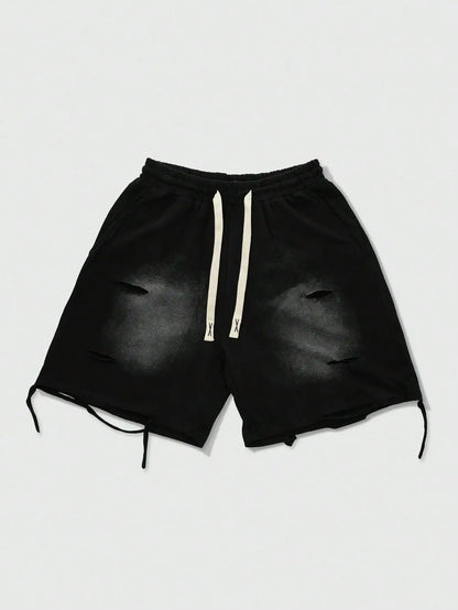 Men's Loose Graphic Print Drawstring Sports Shorts with Distressed Streetwear Inspired Design