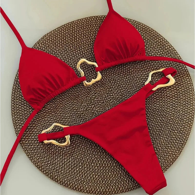 Crisp White Triangle String Bikini with Wavy Metallic Ring Hardware