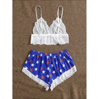 Playful Star Print Shorts and White Floral Lace Bralette Sleep Set