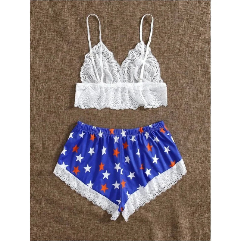 Playful Star Print Shorts and White Floral Lace Bralette Sleep Set