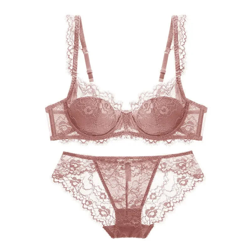 Delicate Blush Lace Lingerie Set with Adjustable-Strap Bra and Sheer-Detail Brief