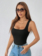Square Neck Wide Strap Bodycon Bodysuit for Gothic and Alternative Styling