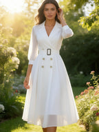 Sophisticated Double-Breasted White Midi Dress with Sheer Sleeves and Buckle Belt