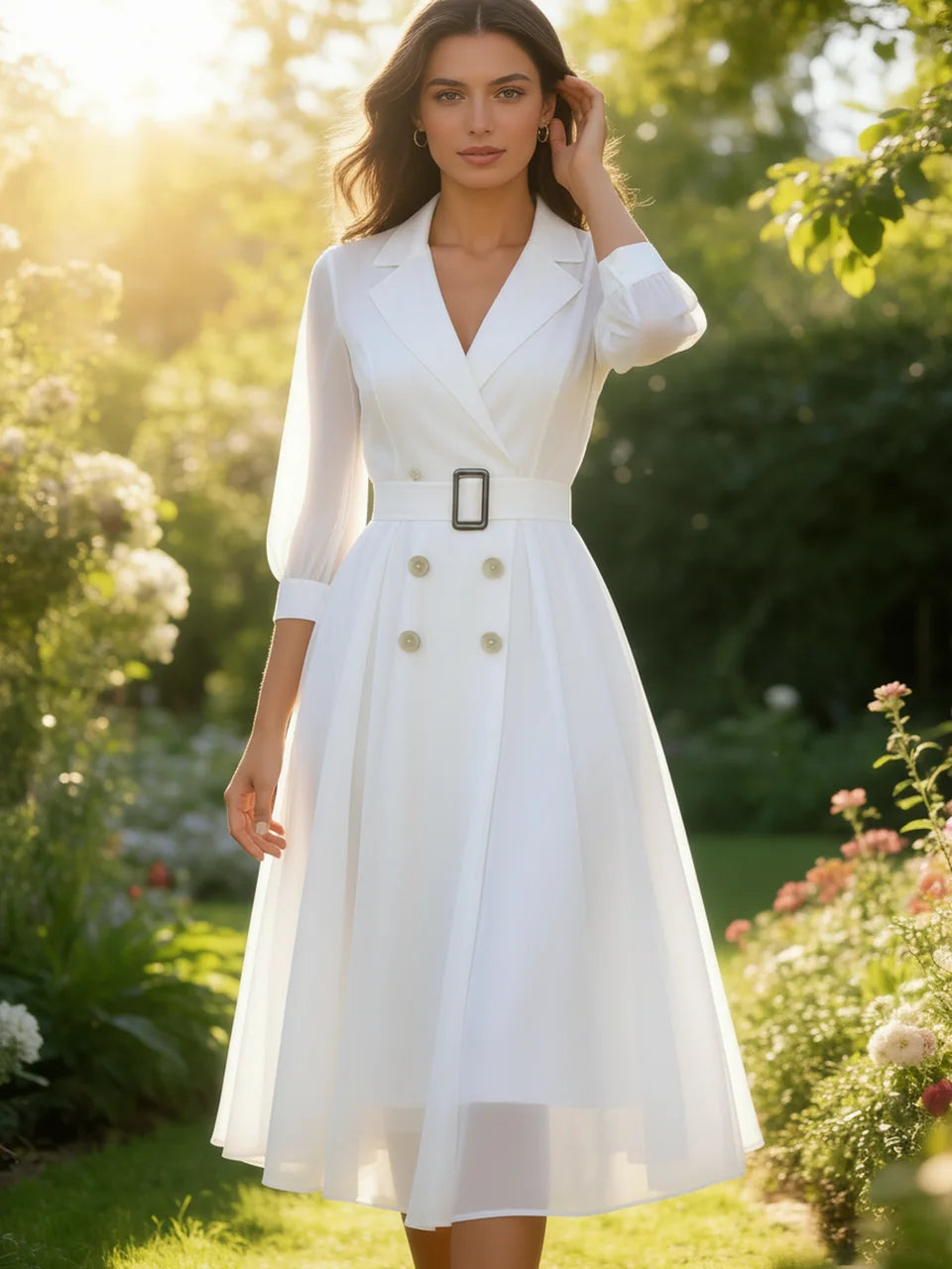 Sophisticated Double-Breasted White Midi Dress with Sheer Sleeves and Buckle Belt
