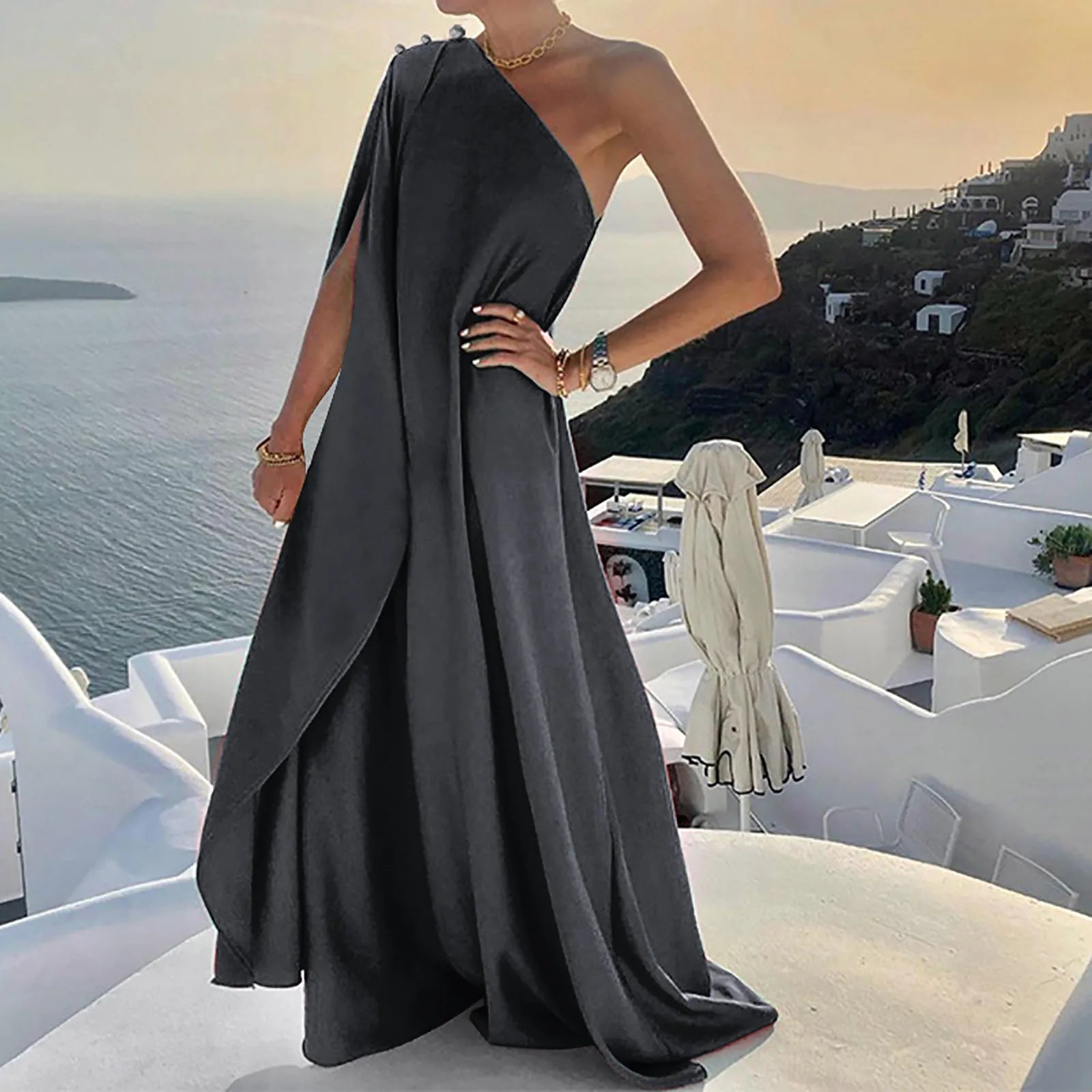 One Shoulder Pleated Maxi Dress with Relaxed Bohemian Silhouette