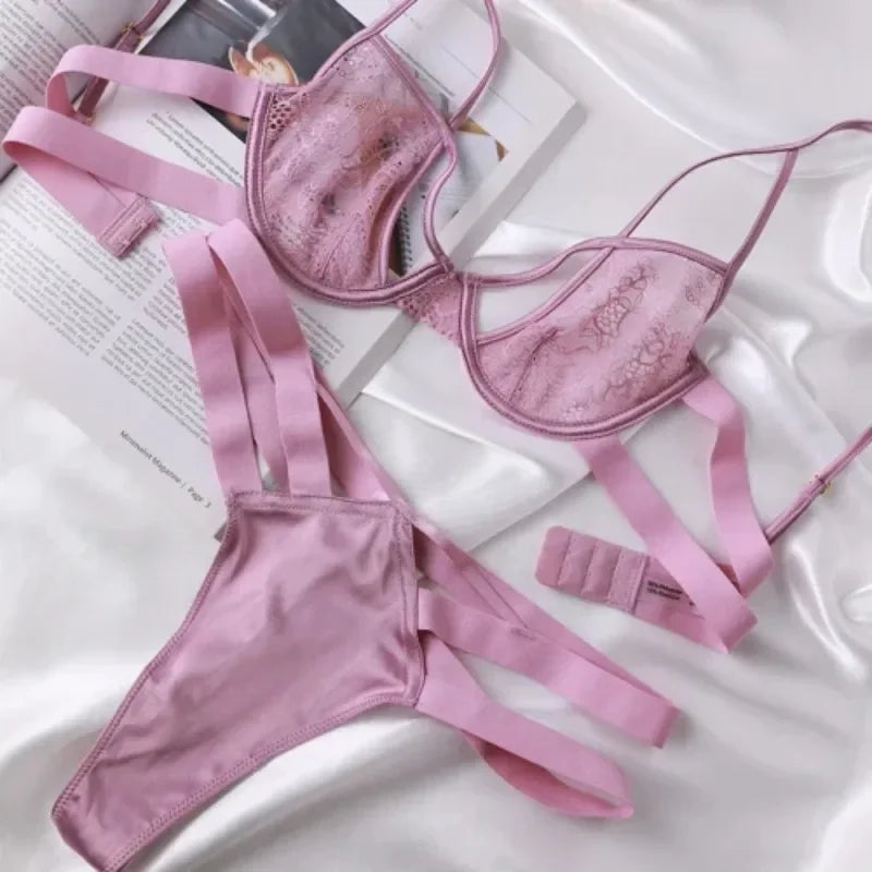 Modern Pink Sheer Lace Underwire Bra and Wide-Strap Thong Set