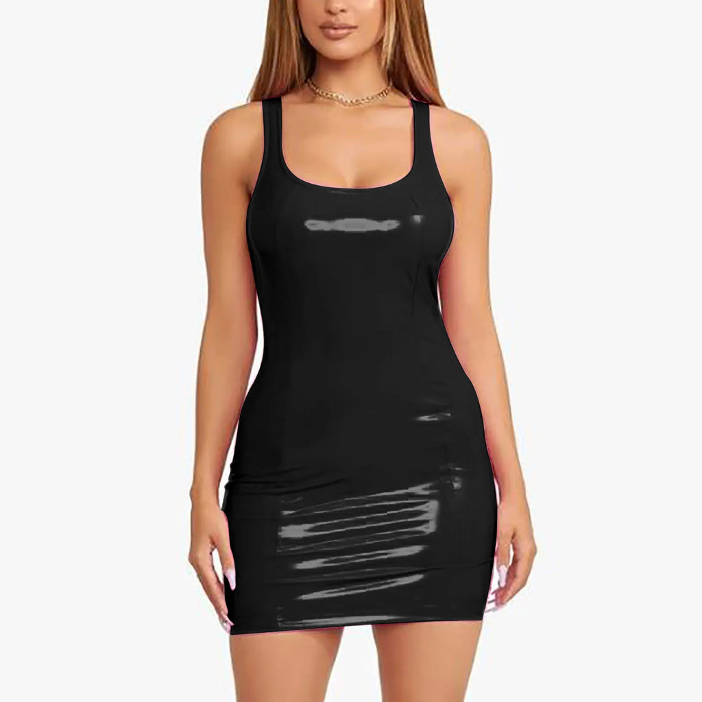 Vibrant Blue Glossy PU Leather Bodycon Mini Dress with Scoop Neckline