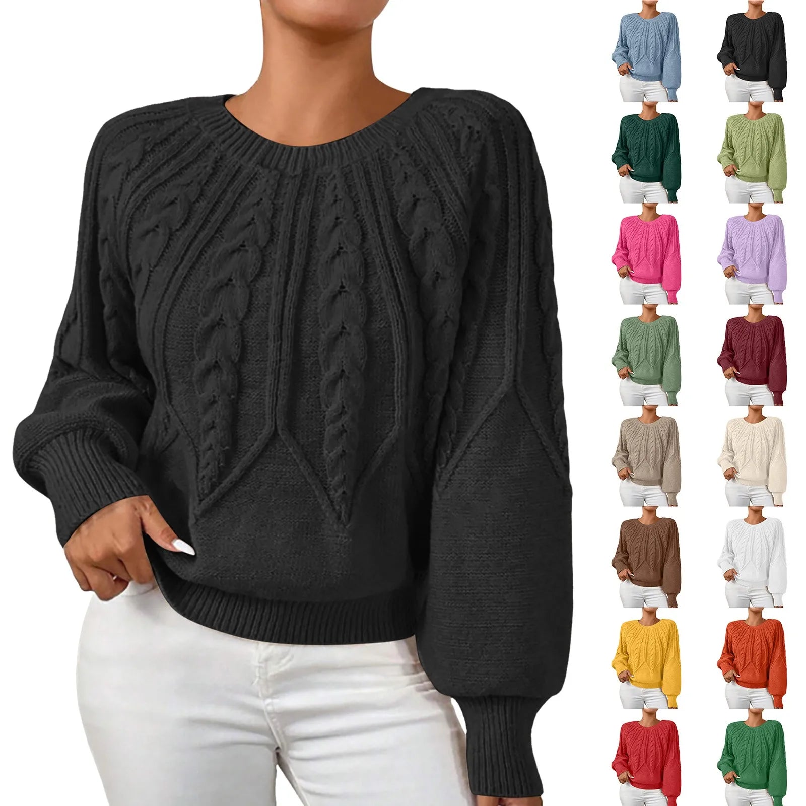 Women's Textured Cable Knit Crew Neck Relaxed Fit Sweater Pullover