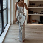 Sequin Bodycon Maxi Dress with Square Neck and Open Back Design