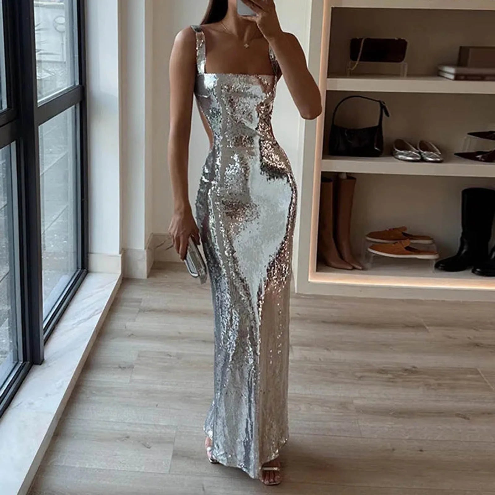 Sequin Bodycon Maxi Dress with Square Neck and Open Back Design