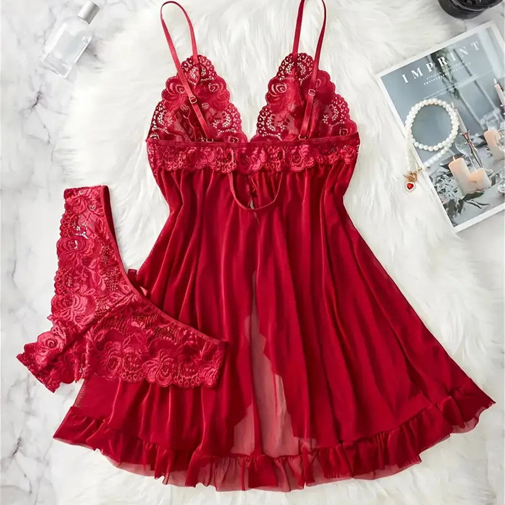 Romantic Red Sheer Mesh Babydoll Set with Embroidered Lace Cups