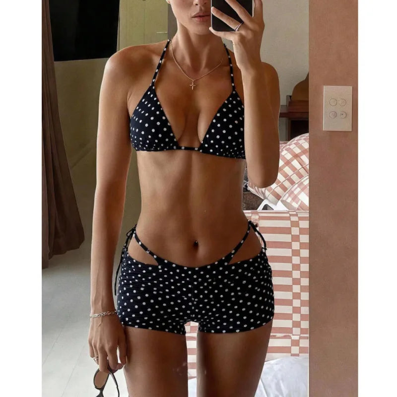 Classic Polka Dot Three-Piece Swimwear Set with Matching Swim Bottom