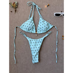 Retro Polka Dot Triangle String Bikini with Contrast Pink Straps