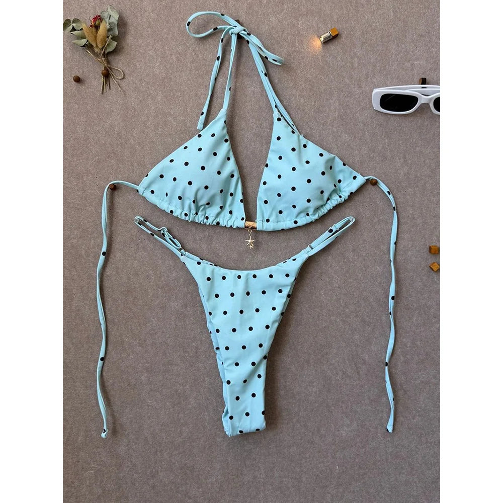 Retro Polka Dot Triangle String Bikini with Contrast Pink Straps