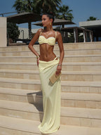 Three-Piece Bandeau Swimwear Set with Textured Bikini and Flowing Maxi Skirt